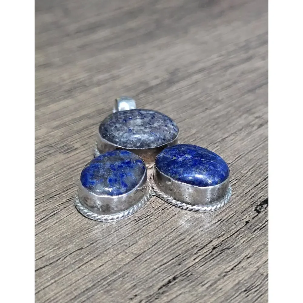 Vintage 3-Stone Lapis Lazuli Sterling silver rope edge Necklace pendant signed